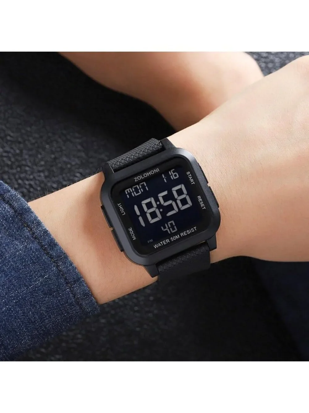 Mens All Black Analog Quartz Stainless Steel Waterproof Square LED Digital Watch